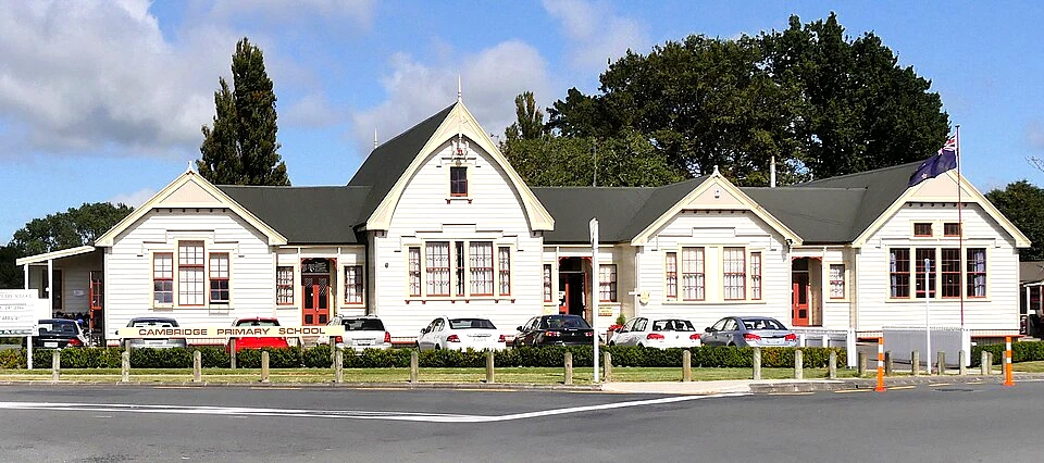 A historic New Zealand school building with gabled facade