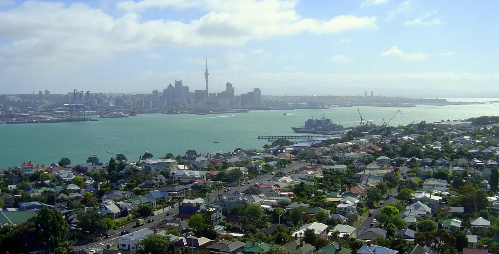 Elevated view of Devonport, the Waitematā Harbour and the Auckland city skyline from Mount Victoria