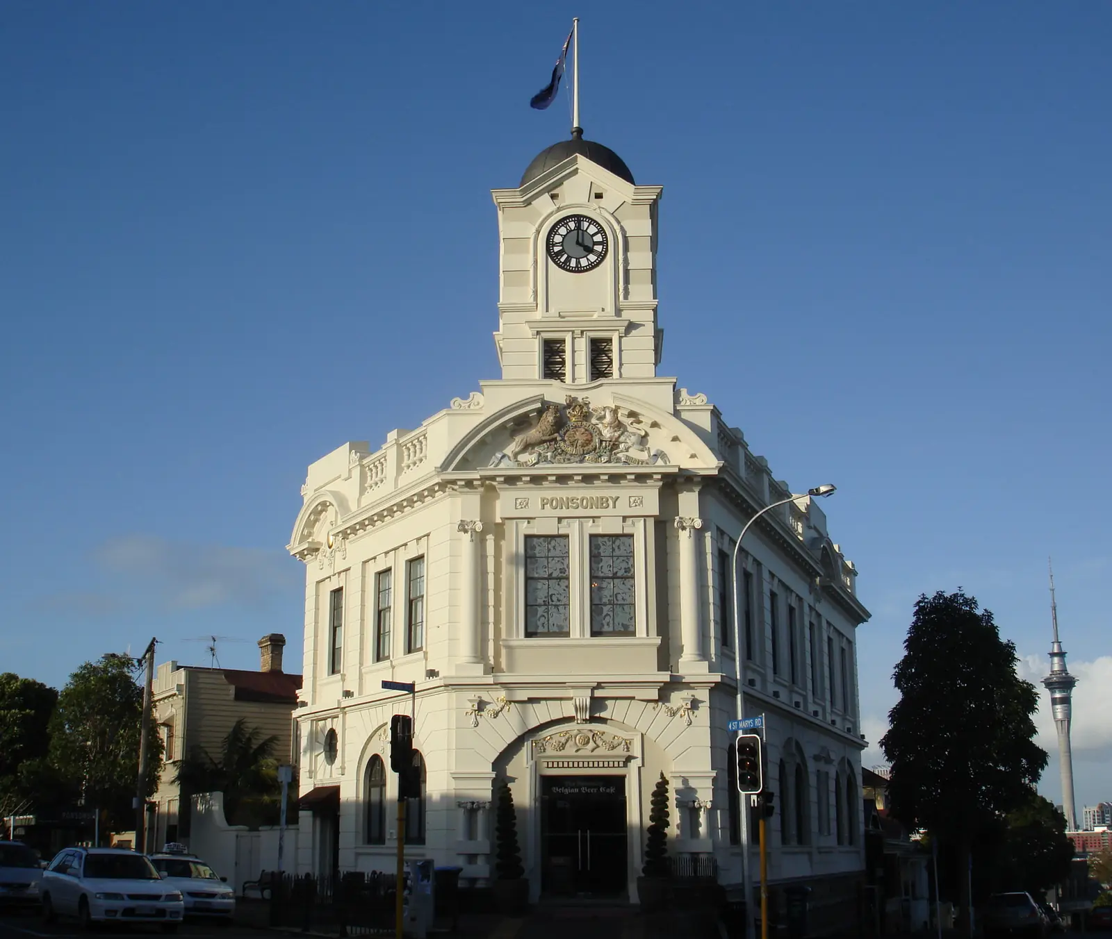 The Edwardian Ponsonby Post Office building on Ponsonby Road, with the Auckland Sky Tower in the distance